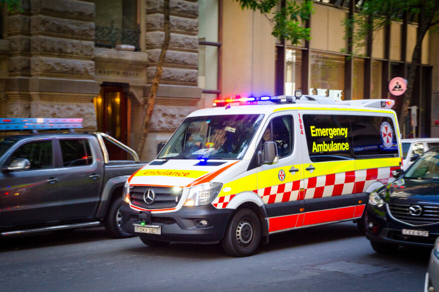 image of NSW ambulance in Martin Place Sydney for 'giving way to emergency vehicles NSW'